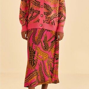 FARM Rio Pink and Orange Croco Midi Skirt